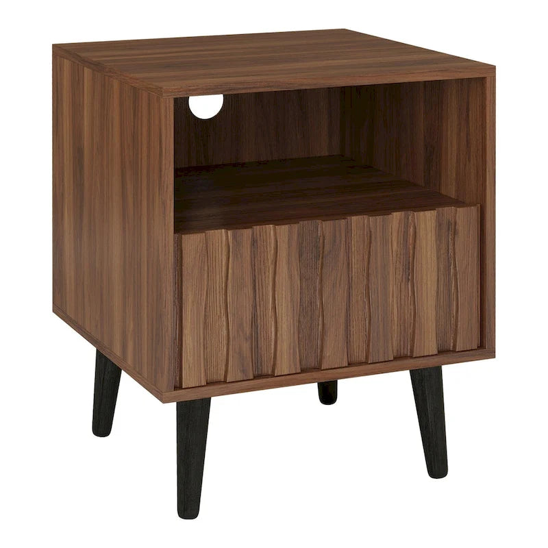 Mid-Century Modern Nightstand, Fluted End Table Drawer & Open Storage
