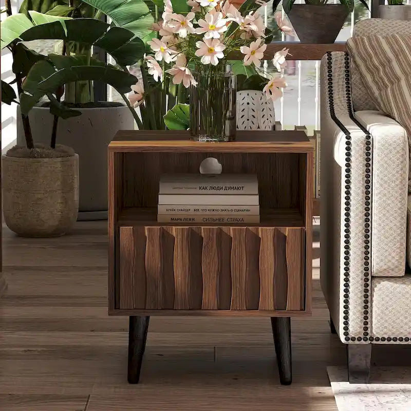 Mid-Century Modern Nightstand, Fluted End Table Drawer & Open Storage