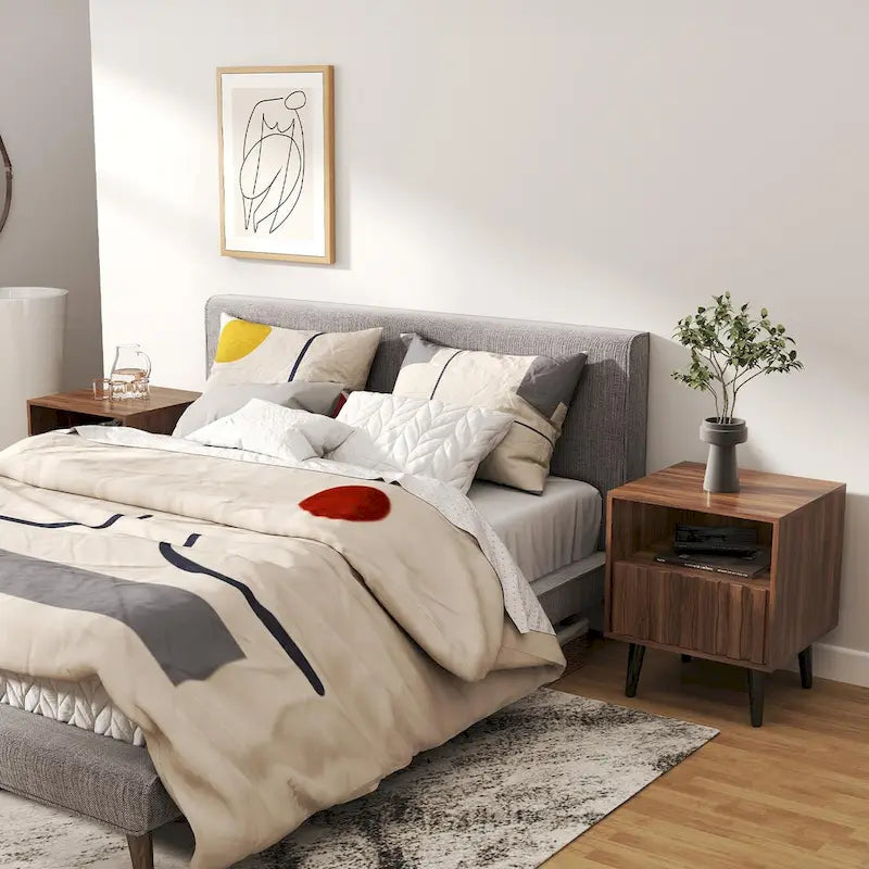 Mid-Century Modern Nightstand, Fluted End Table Drawer & Open Storage