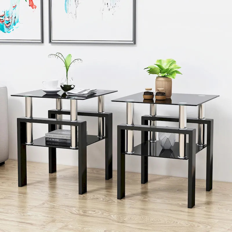 Square Tempered Glass Coffee End Table (Set Of 2) - 17.72 x 17.72 x 20.50