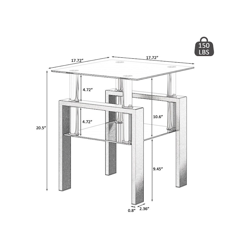 Square Tempered Glass Coffee End Table (Set Of 2) - 17.72 x 17.72 x 20.50