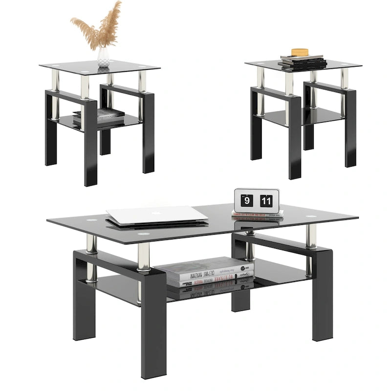 Square Tempered Glass Coffee End Table (Set Of 2) - 17.72 x 17.72 x 20.50