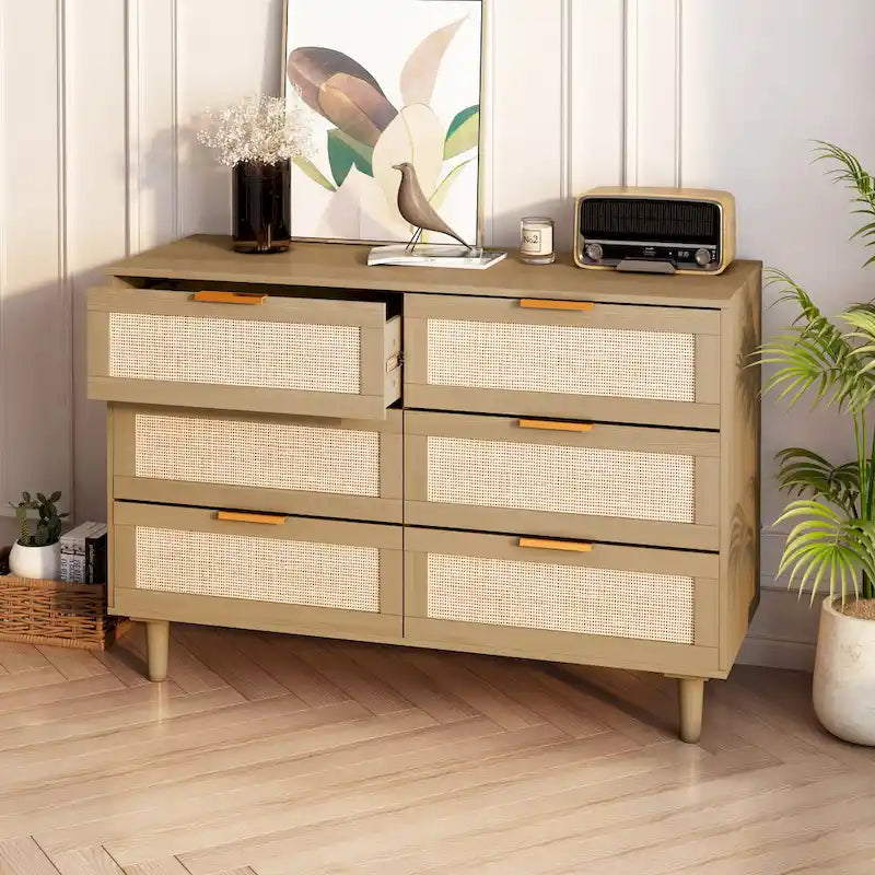 Rattan Wood 6-Drawer Dresser