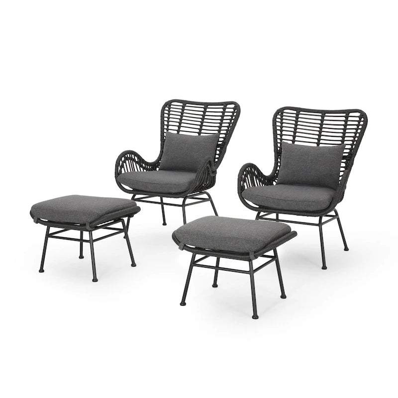 Chalet Outdoor Modern Boho Wicker Chat Set with Ottomans by Christopher Knight Home