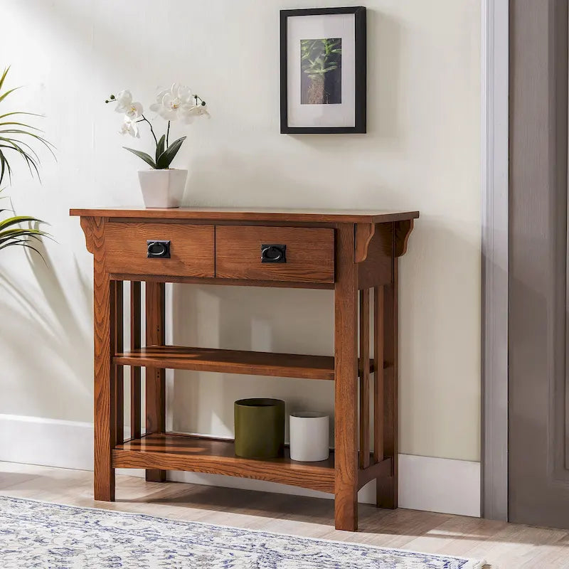 Russet Wood Console Table with Drawers and Shelves