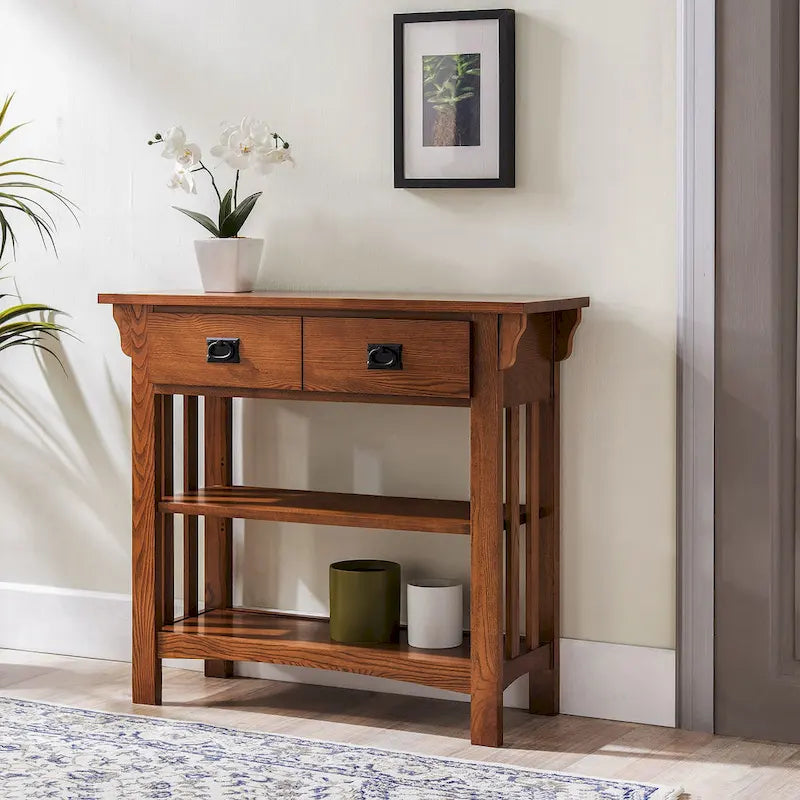Russet Wood Console Table with Drawers and Shelves