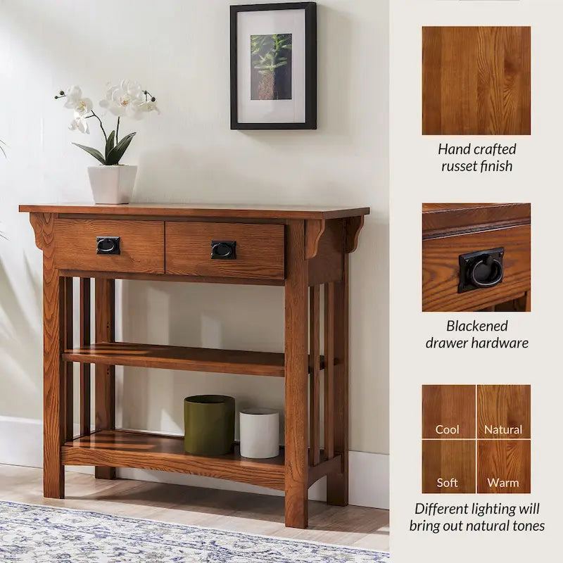Russet Wood Console Table with Drawers and Shelves