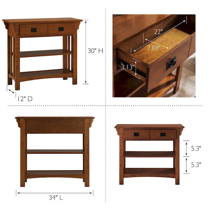 Russet Wood Console Table with Drawers and Shelves