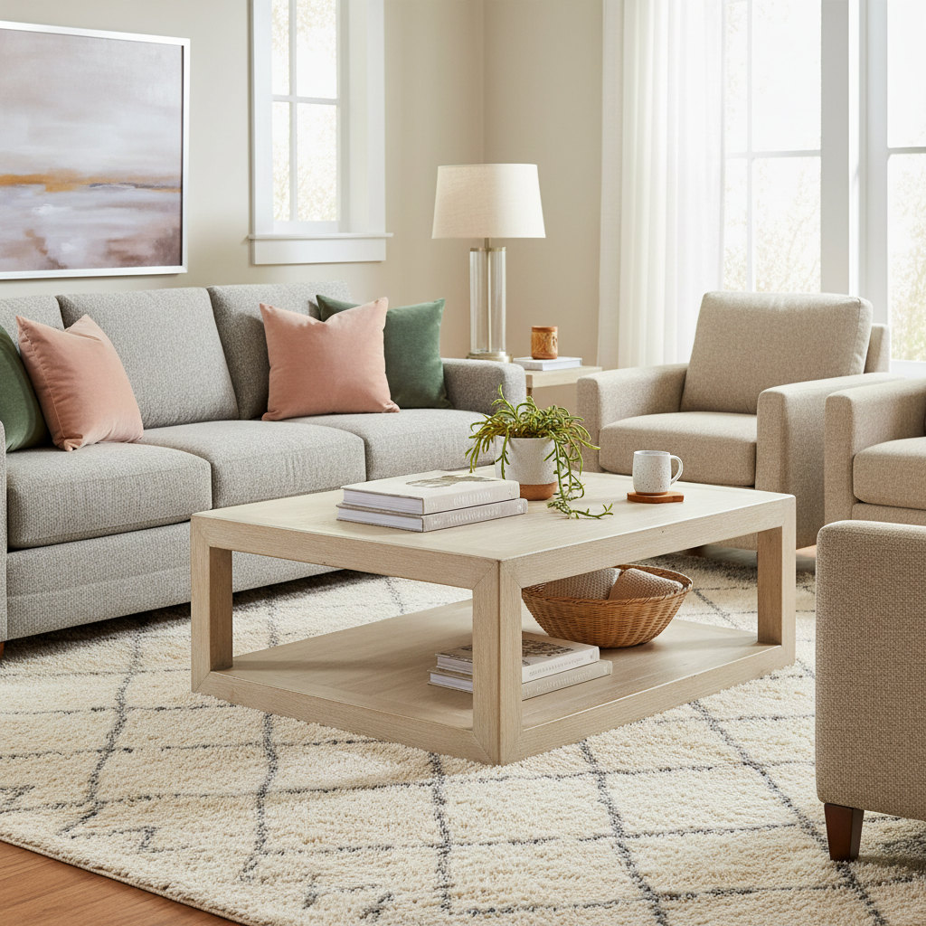 Square Weathered White Washed Wood Coffee Table