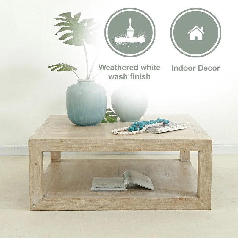 Square Weathered White Washed Wood Coffee Table