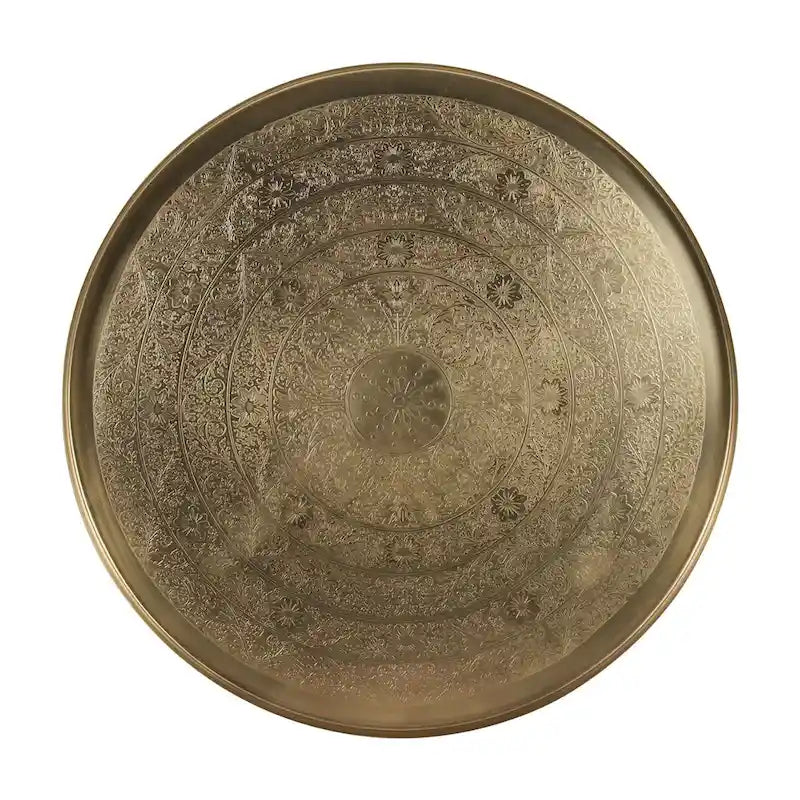 Eros Antique Brass-Finish Etched Floral Tray-Top Accent Table by East at Main