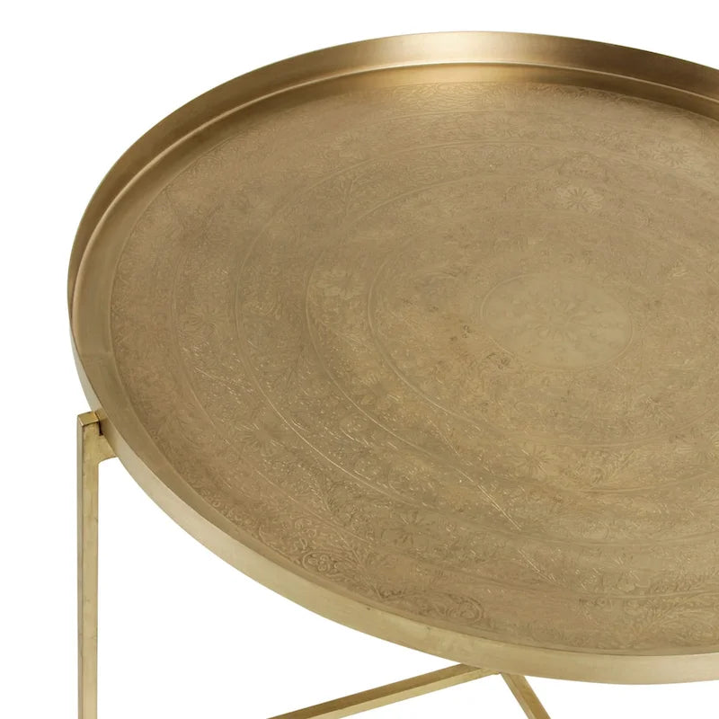 Eros Antique Brass-Finish Etched Floral Tray-Top Accent Table by East at Main