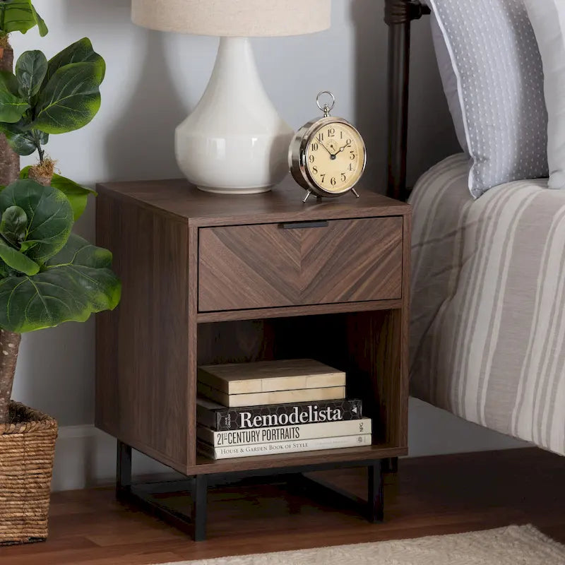 Sadia Modern Walnut Brown Finished Wood and Black Metal 1-Drawer End Table