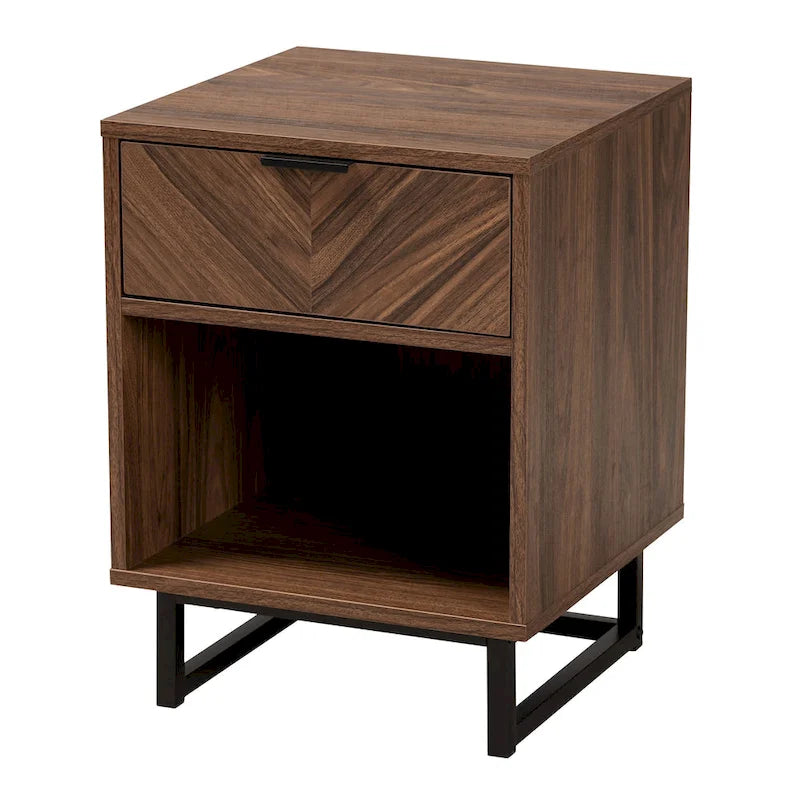 Sadia Modern Walnut Brown Finished Wood and Black Metal 1-Drawer End Table