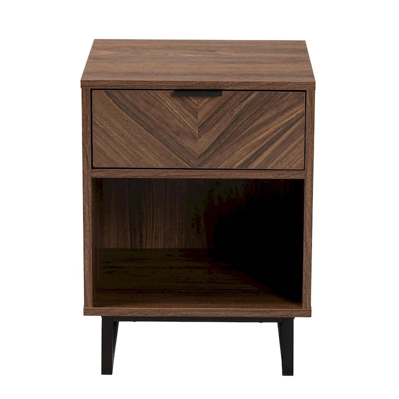 Sadia Modern Walnut Brown Finished Wood and Black Metal 1-Drawer End Table