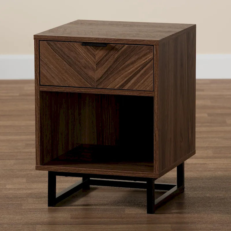 Sadia Modern Walnut Brown Finished Wood and Black Metal 1-Drawer End Table