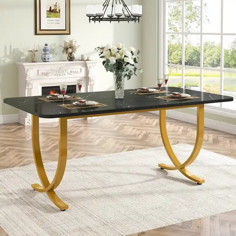 Rectangular Dining Table with Faux Marble Top - Black and Gold, Seats 4-6
