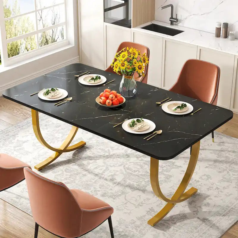 Rectangular Dining Table with Faux Marble Top - Black and Gold, Seats 4-6