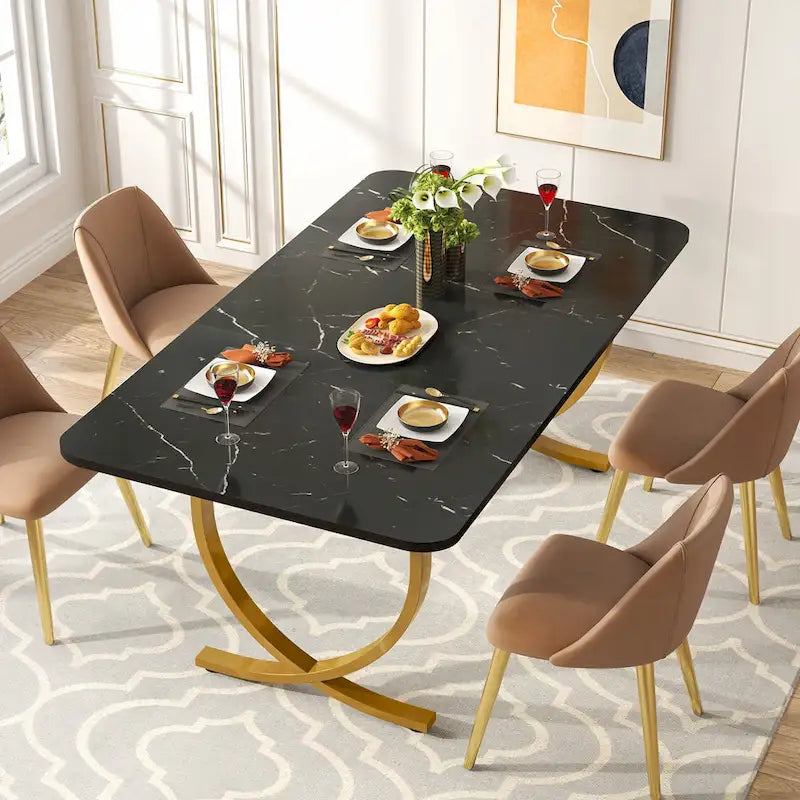 Rectangular Dining Table with Faux Marble Top - Black and Gold, Seats 4-6