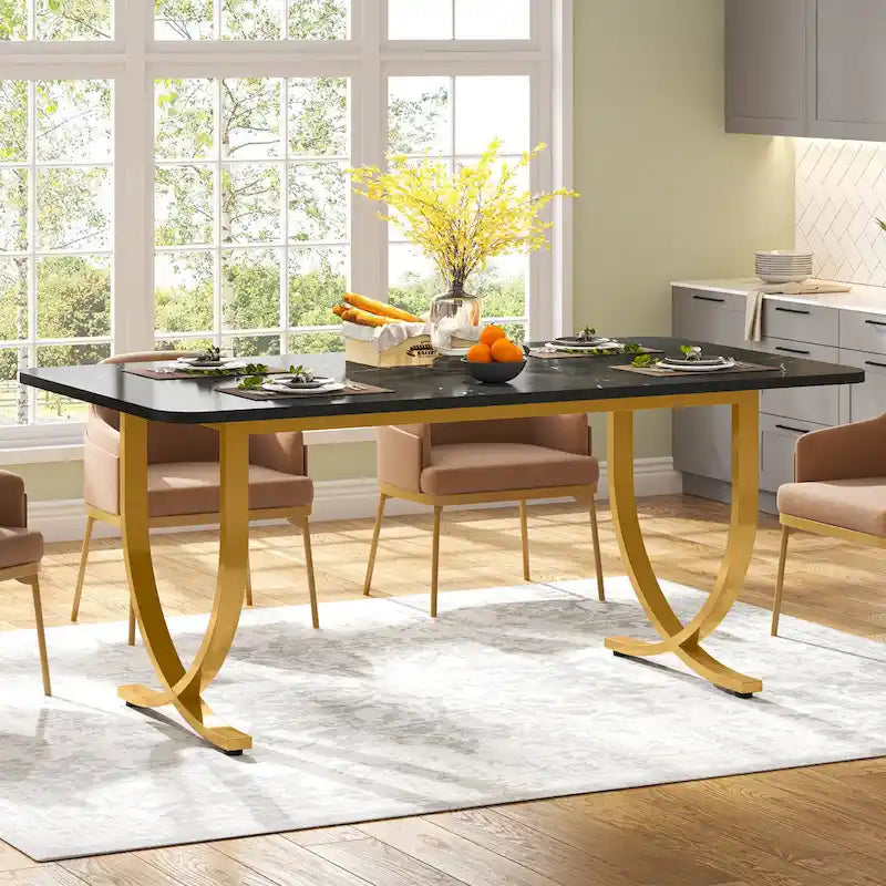 Rectangular Dining Table with Faux Marble Top - Black and Gold, Seats 4-6