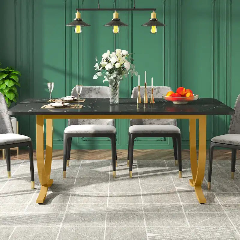 Rectangular Dining Table with Faux Marble Top - Black and Gold, Seats 4-6