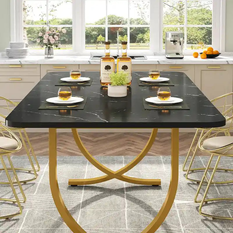 Rectangular Dining Table with Faux Marble Top - Black and Gold, Seats 4-6