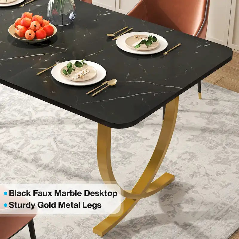 Rectangular Dining Table with Faux Marble Top - Black and Gold, Seats 4-6