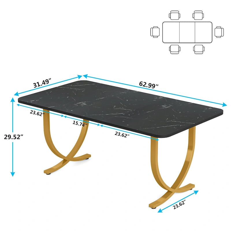 Rectangular Dining Table with Faux Marble Top - Black and Gold, Seats 4-6