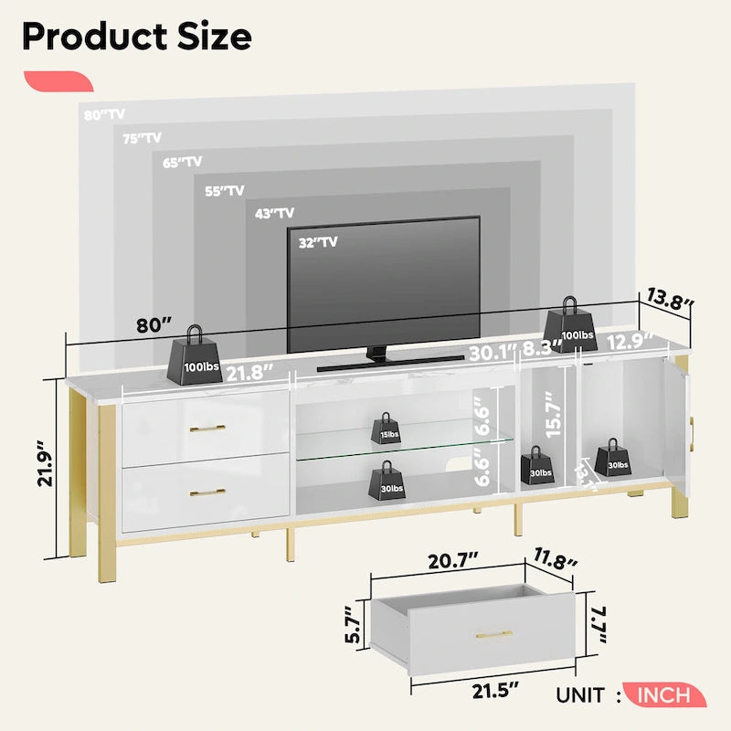 80-Inch LED Gloss TV Stand with 2 Drawers for 75-85 Inch TVs