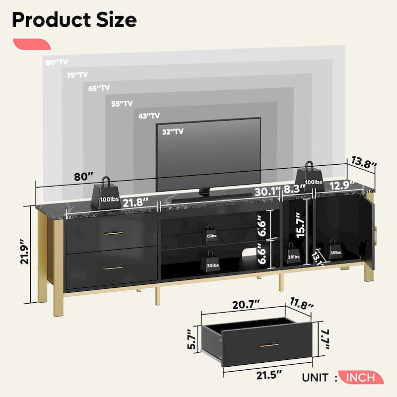 80-Inch LED Gloss TV Stand with 2 Drawers for 75-85 Inch TVs