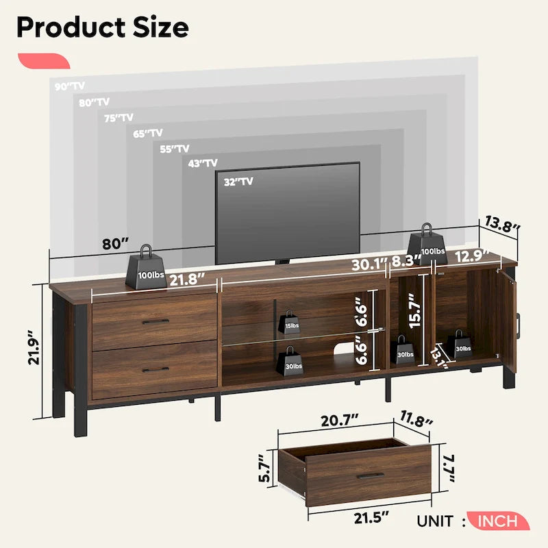 80-Inch LED Gloss TV Stand with 2 Drawers for 75-85 Inch TVs