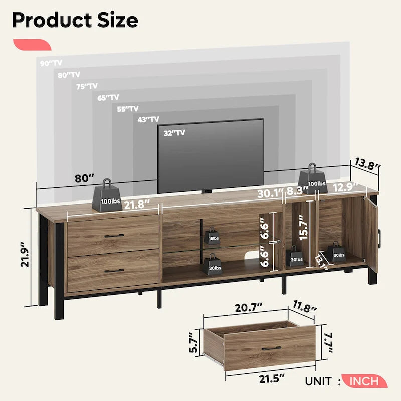 80-Inch LED Gloss TV Stand with 2 Drawers for 75-85 Inch TVs