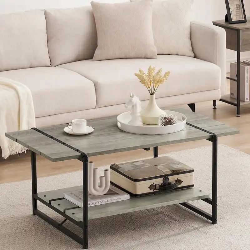 Gray Wood Coffee Table with Storage Shelf - 2-Tier Design