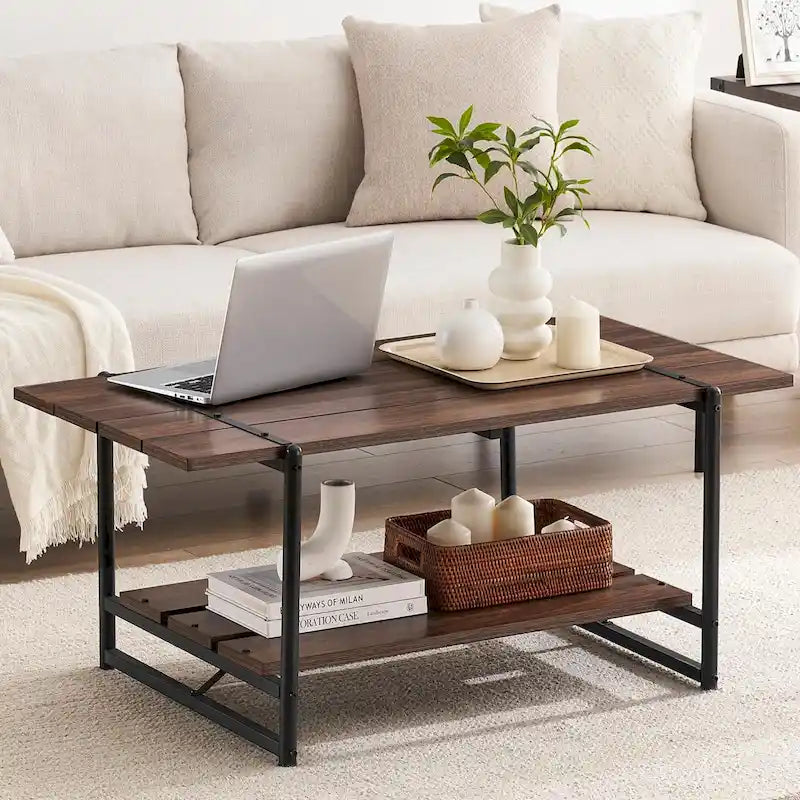 Gray Wood Coffee Table with Storage Shelf - 2-Tier Design