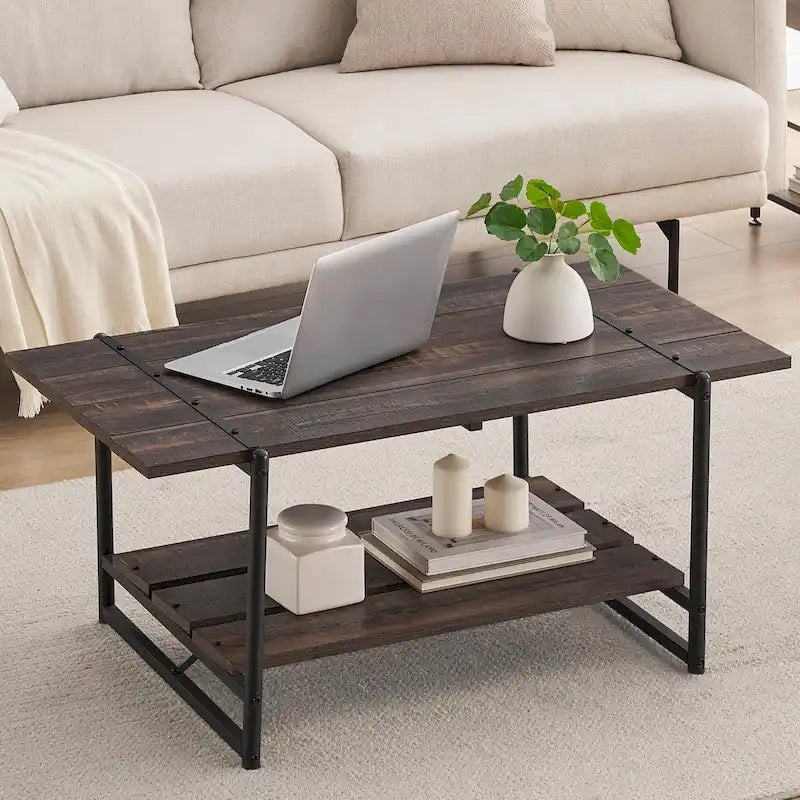 Gray Wood Coffee Table with Storage Shelf - 2-Tier Design