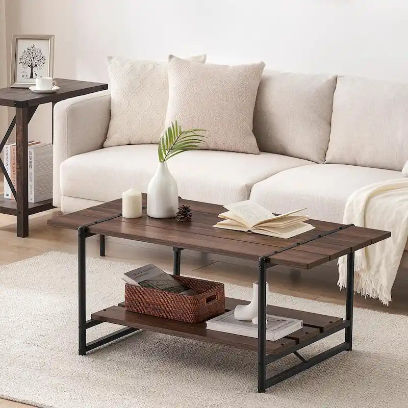 Gray Wood Coffee Table with Storage Shelf - 2-Tier Design