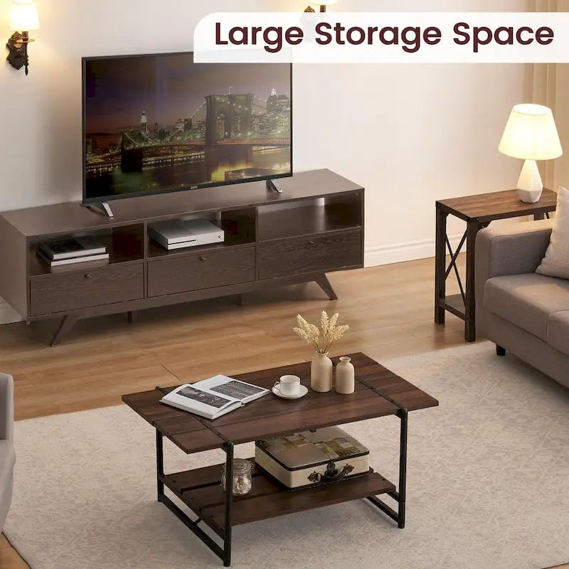 Gray Wood Coffee Table with Storage Shelf - 2-Tier Design