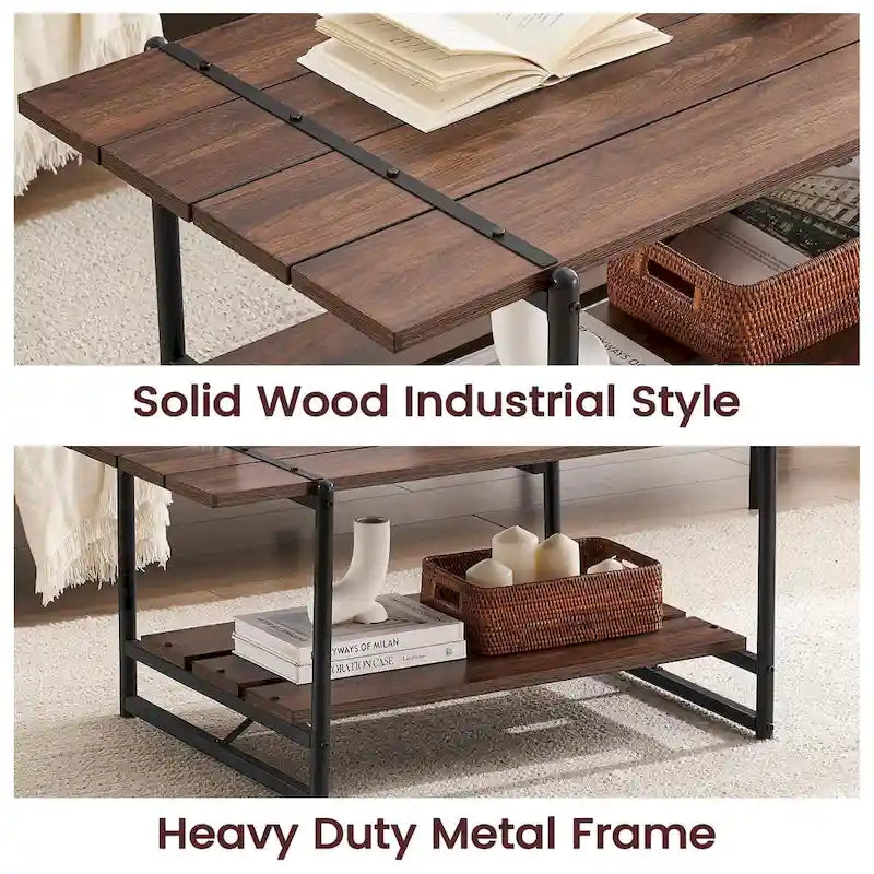 Gray Wood Coffee Table with Storage Shelf - 2-Tier Design