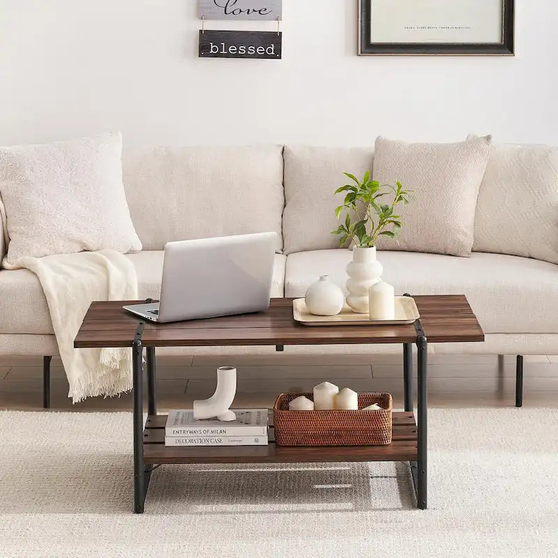 Gray Wood Coffee Table with Storage Shelf - 2-Tier Design