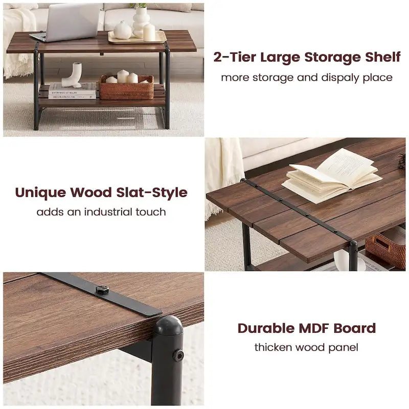 Gray Wood Coffee Table with Storage Shelf - 2-Tier Design