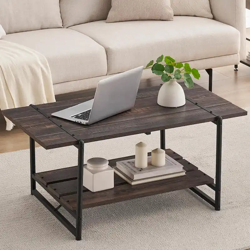 Gray Wood Coffee Table with Storage Shelf - 2-Tier Design