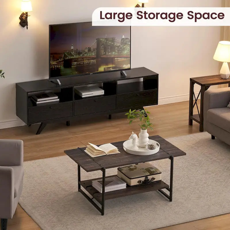 Gray Wood Coffee Table with Storage Shelf - 2-Tier Design