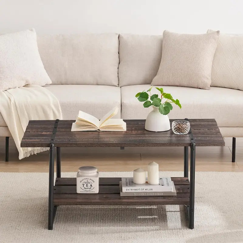 Gray Wood Coffee Table with Storage Shelf - 2-Tier Design