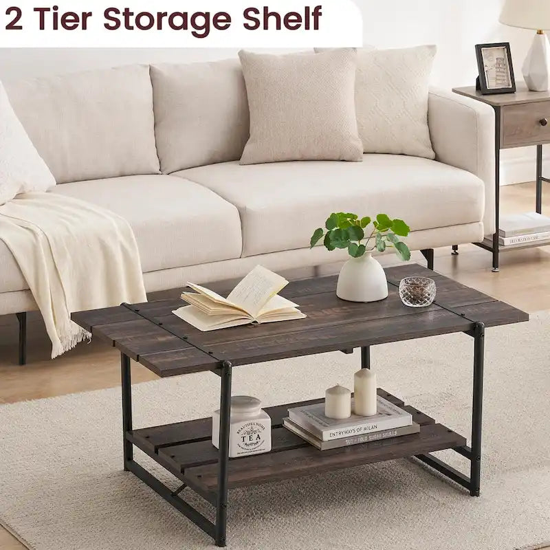Gray Wood Coffee Table with Storage Shelf - 2-Tier Design