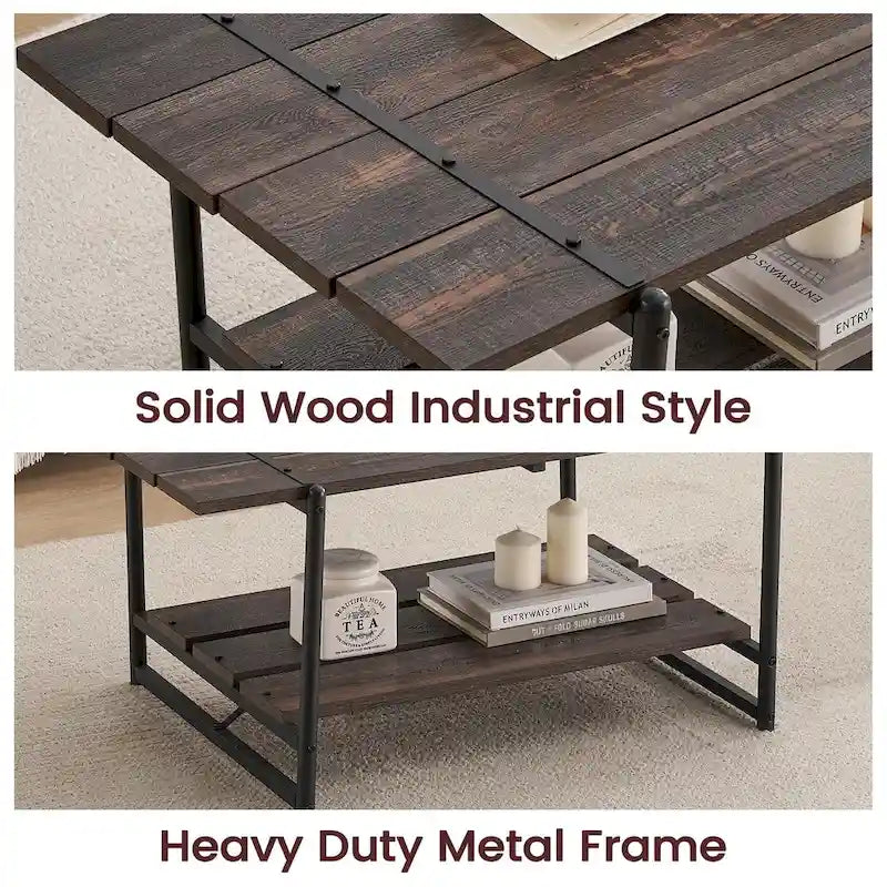 Gray Wood Coffee Table with Storage Shelf - 2-Tier Design