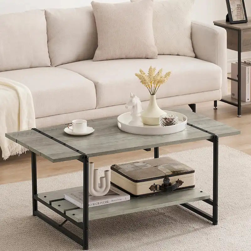 Gray Wood Coffee Table with Storage Shelf - 2-Tier Design