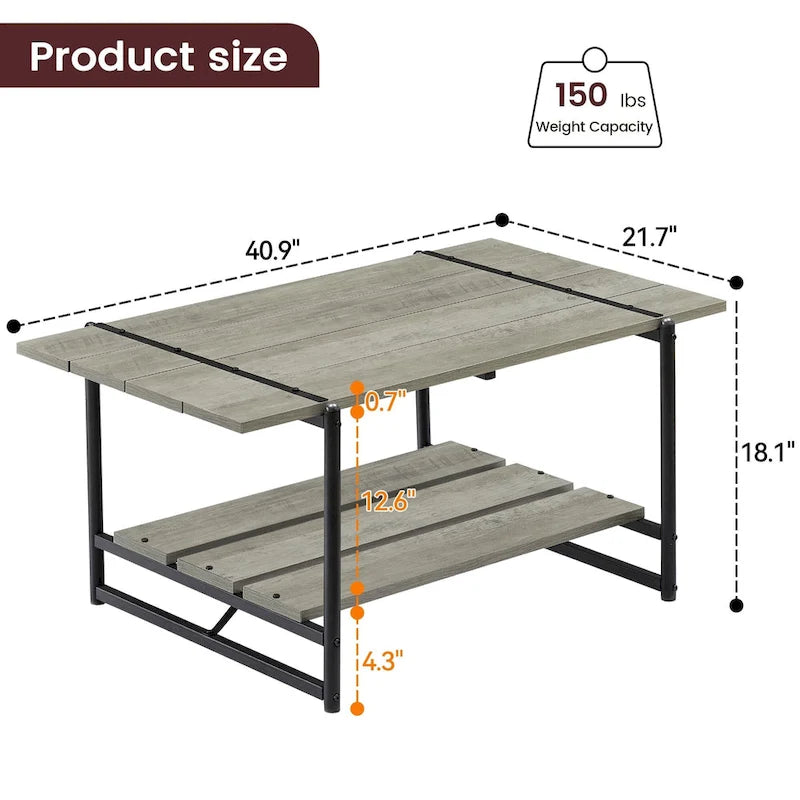 Gray Wood Coffee Table with Storage Shelf - 2-Tier Design