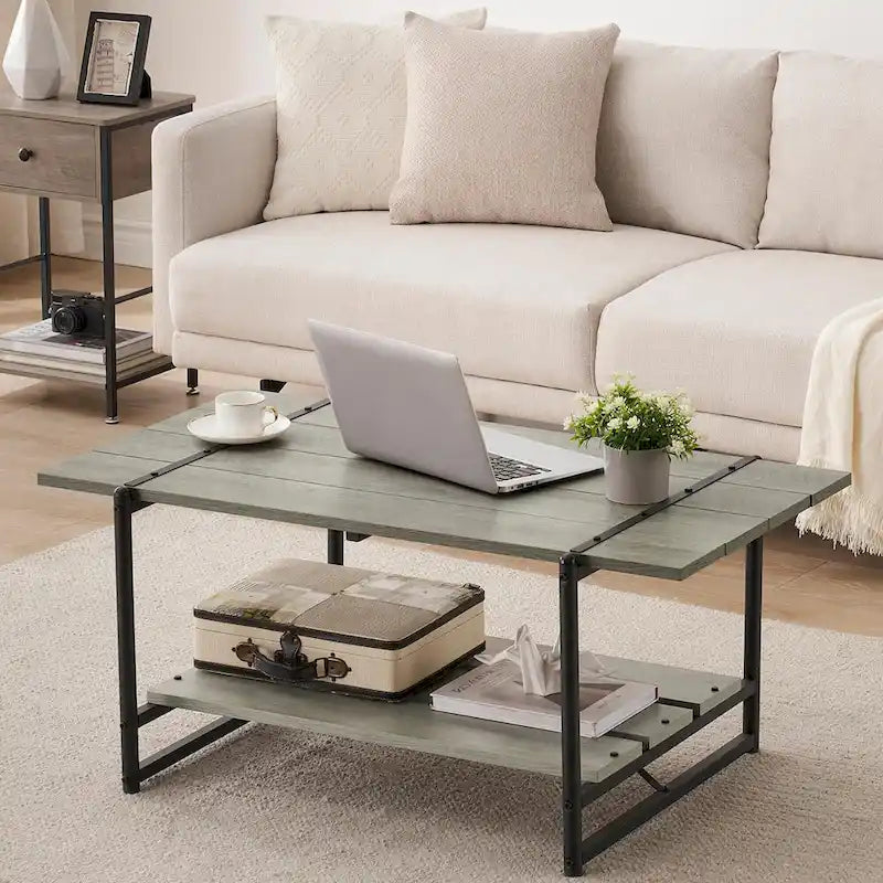 Gray Wood Coffee Table with Storage Shelf - 2-Tier Design