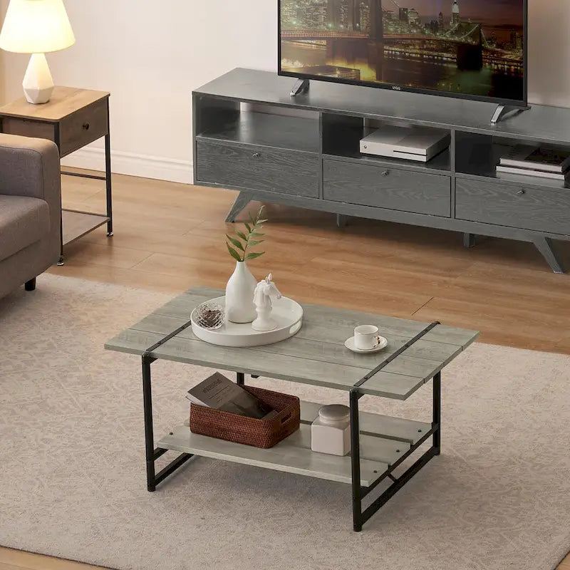 Gray Wood Coffee Table with Storage Shelf - 2-Tier Design