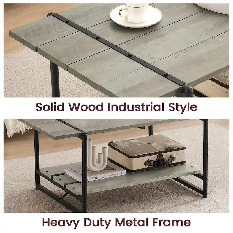 Gray Wood Coffee Table with Storage Shelf - 2-Tier Design
